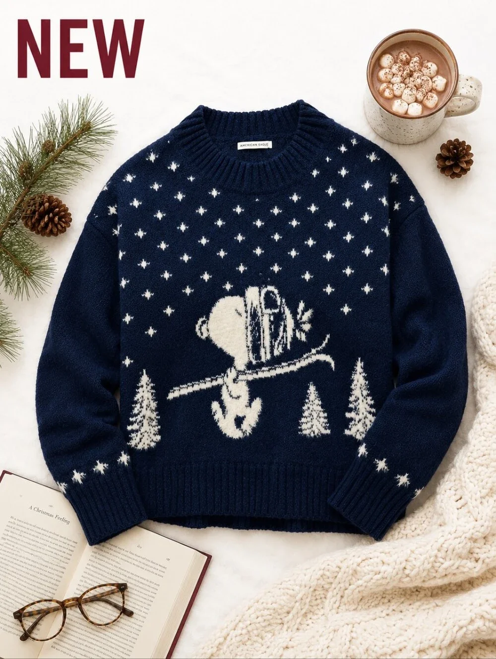 New! American Eagle Snoopy Winter Sweater Navy Blue Cozy Knit Pullover Oversize